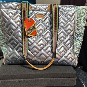 Consuela Silver and Blue Quilted Tote